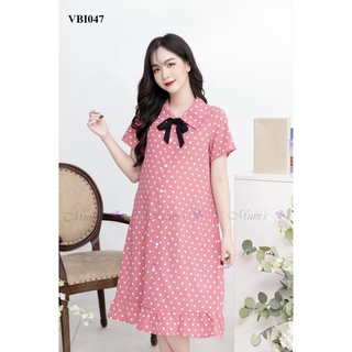 Đầm bầu công sở mum's shop 🚛 freeship 🚛 váy bầu xinh mùa hè hồng đỗ chấm bi cổ đức nơ đen