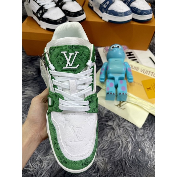 Giầy Thể Thao Louis Vuitton LV Trainer Monogram Denim White Green Xanh Trắng -Vải Bò- Đen Best Siêu Cấp Dế Khâu