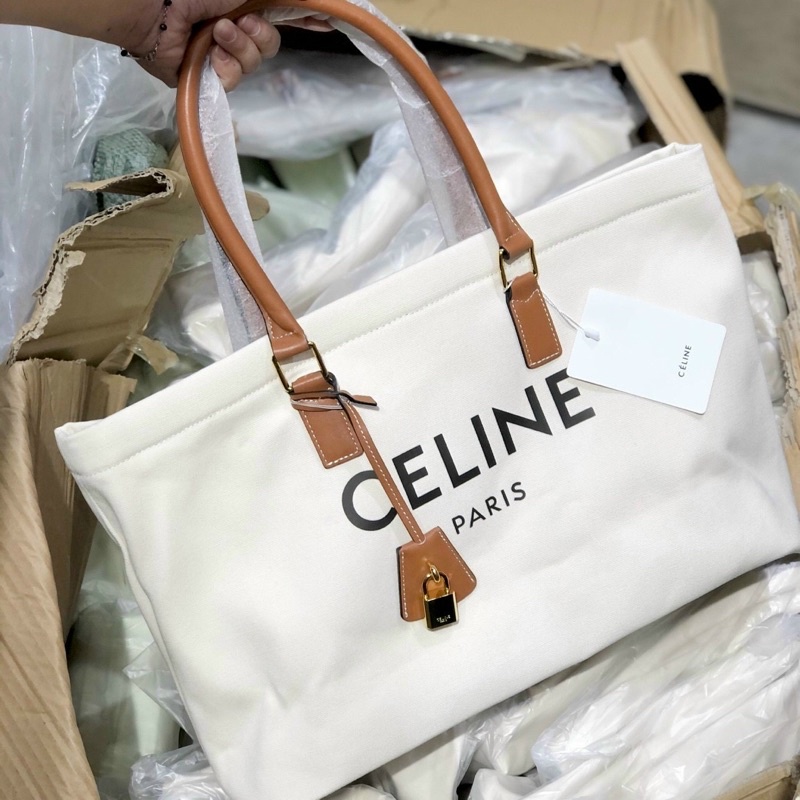 TNS-Túi tote canvas vừa laptop siêu hottrend Celinie Horizontal Cabas tote bag-chất canvas phối da nâu vintage