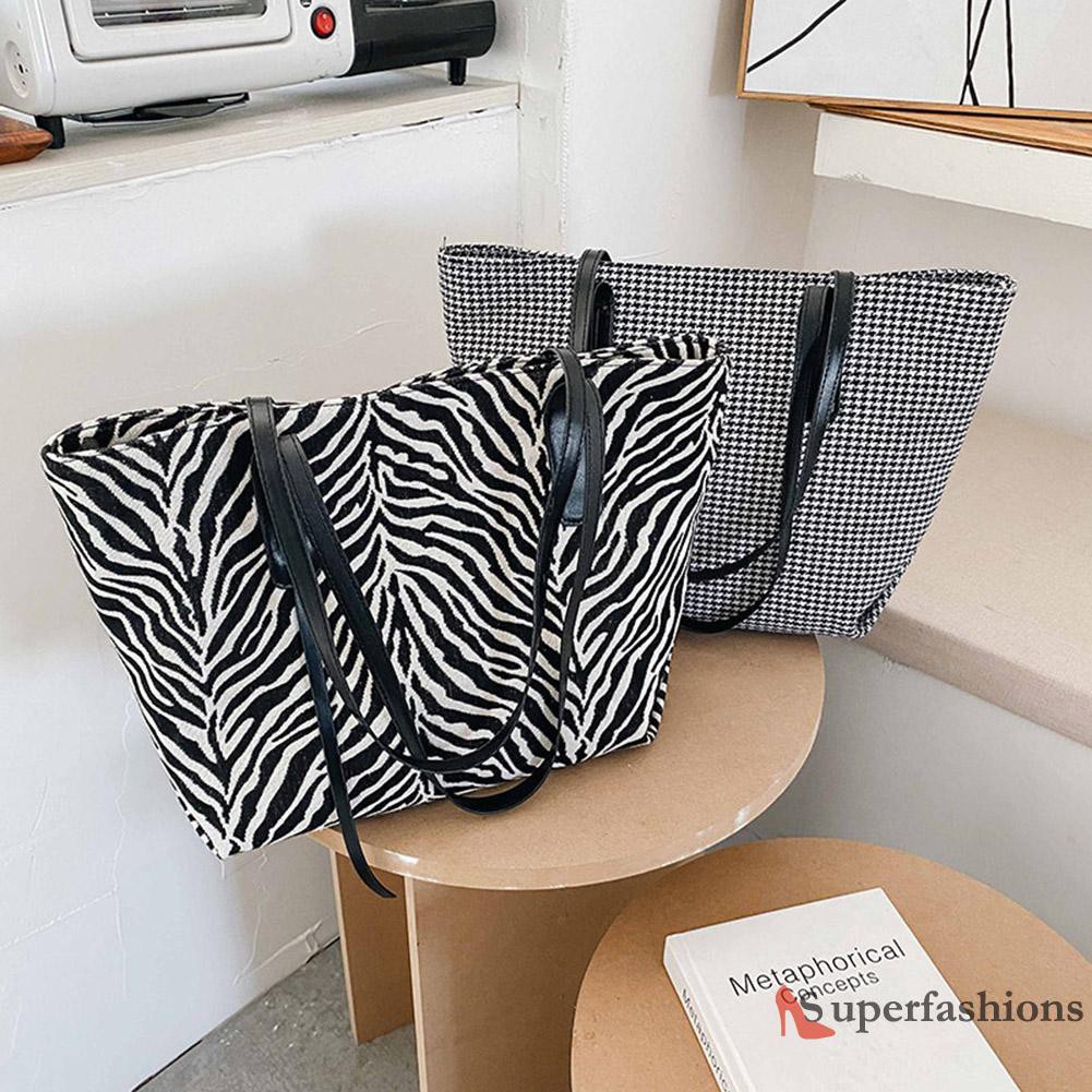 【Hot Sale】Retro Plaid Zebra Top-handle Bag Women Casual Canvas Shoulder Totes Clutch