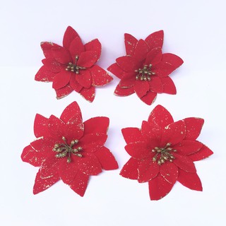 Combo 4 bông hoa trạng nguyên đỏ viền kim tuyến 14x14cm trang trí Noel Giáng sinh Năm mới