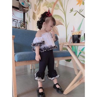 Sét trễ vai quần loe cho bé gái