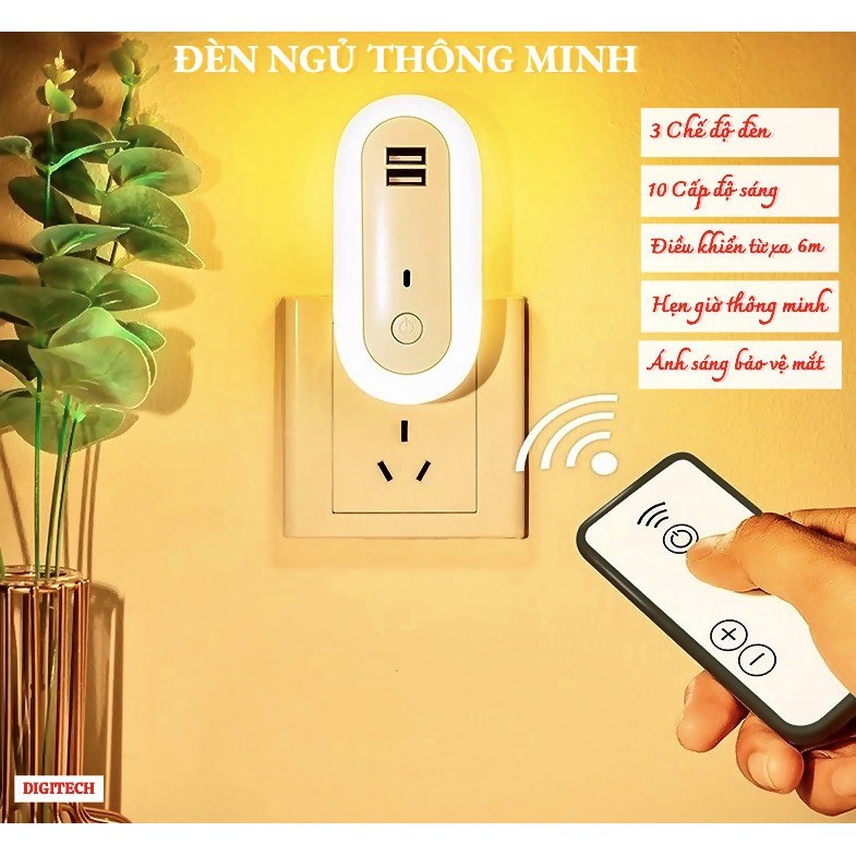 Đèn ngủ LED thông minh Điều Khiển Từ Xa, 3 Chế độ đèn + 10 Cấp độ sáng + Hẹn giờ + 2 cổng sạc nhanh USB