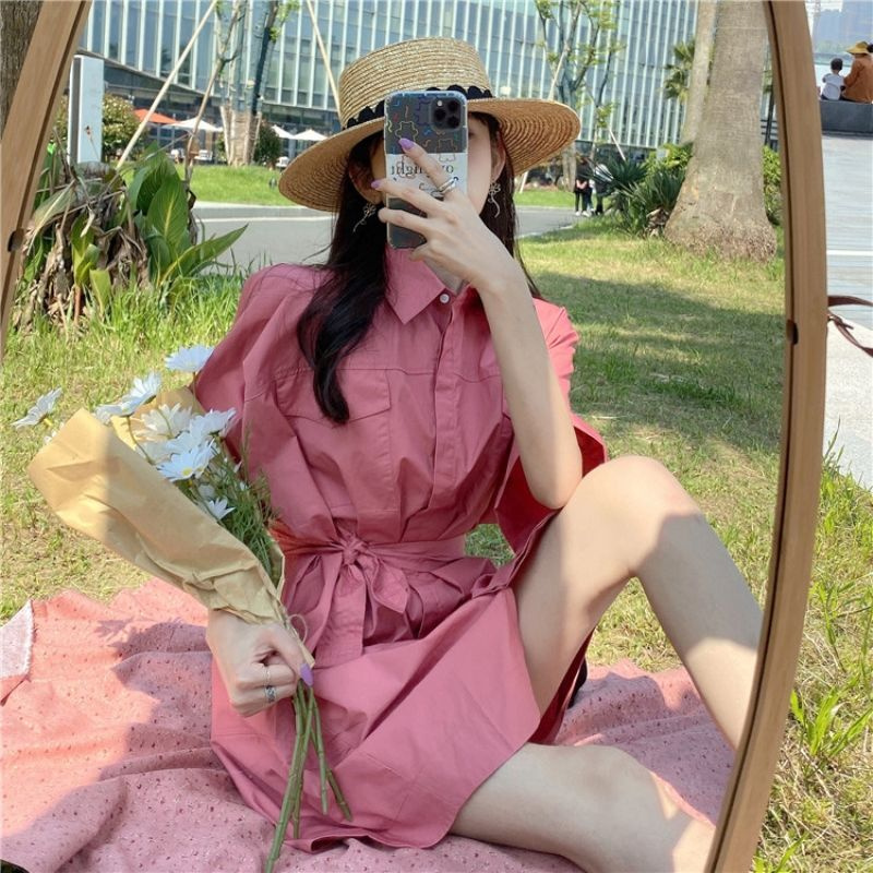 Đầm sơ mi màu trắng thời trang mùa hè phong cách Hàn Quốc dành cho nữ