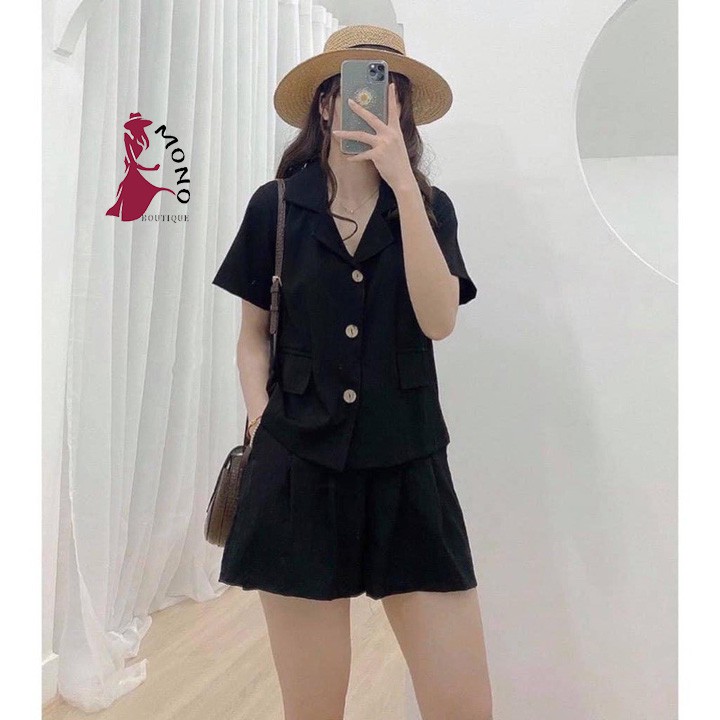 Set bộ áo vest quần short đũi ống rộng hai màu đen be siêu mát - Mono Boutique