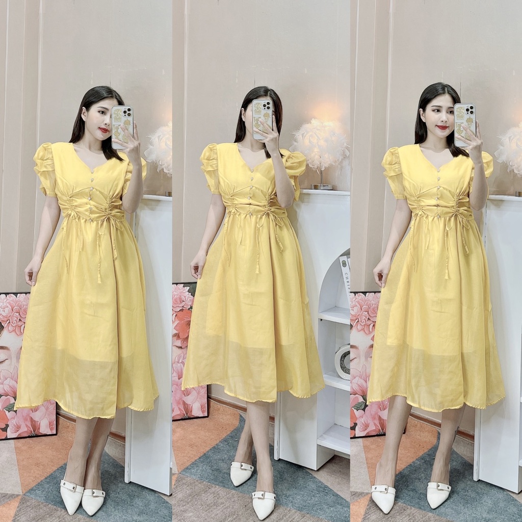 Váy nữ cổ V chất tơ 2 lớp vintage tay bồng hoạ tiết trơn phong cách nữ tính bánh bèo thời trangI Trần Hân Shop 3007443