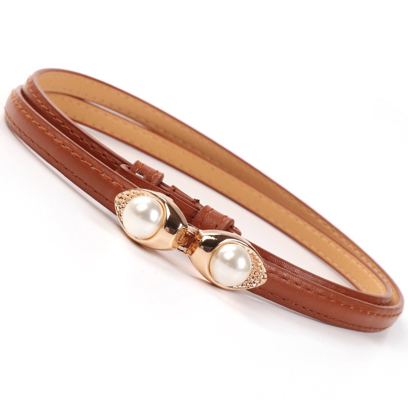 Thắt Lưng Da Bản Nhỏ Đính Hạt Ngọc Trai Thiết Kế Thanh Lịch Dễ Phối Đồ Thời Trang Cho Nữ