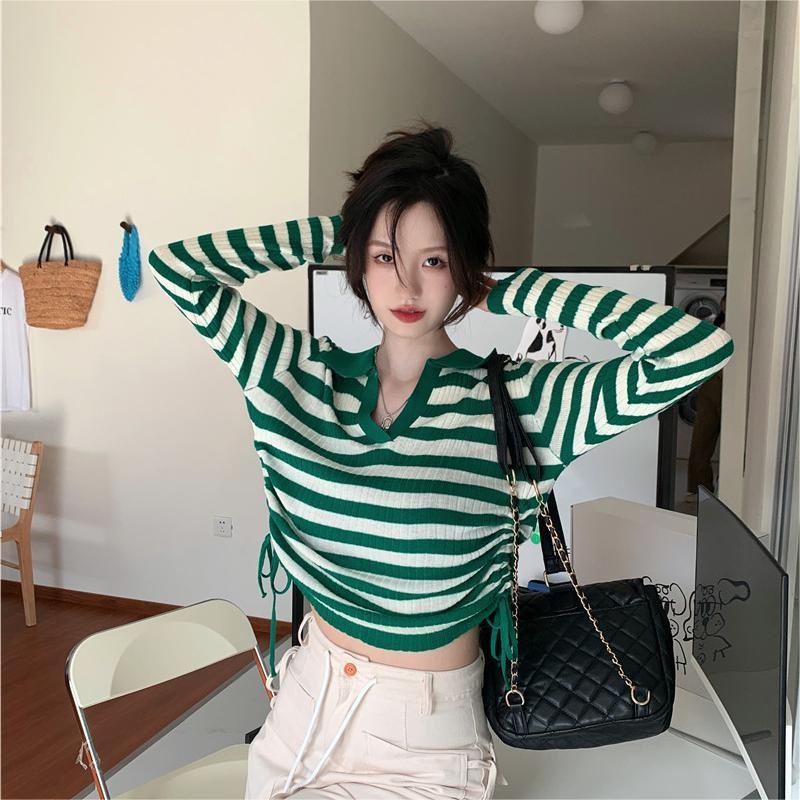 Áo sweater ZHELIHANGFEI cổ polo tay dài lưng cao phối dây rút kẻ sọc thiết kế quyến rũ