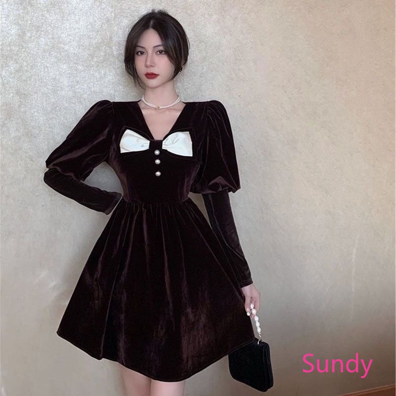 Đầm Nhung Tay Phồng Đính Nơ Thời Trang Thu Đông Cho Nữ