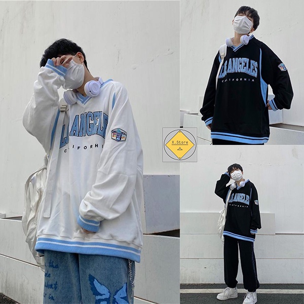 Áo Sweater Nam Nữ Cổ V In Los Angeles - Áo Thu Đông Chất Nỉ Ngoại Mềm Mịn 2 Màu Đen Trắng Unisex Hottrend 2021 X.Store
