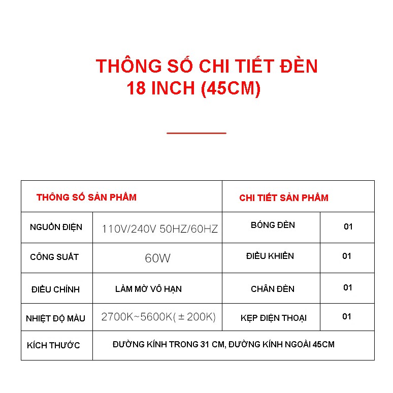 Bộ Đèn Livestream, tiktok, 45cm kèm điều khiển, 3 màu ánh sáng, chuyên dụng cho Livestream, Trang Điểm Make Up, Phun Săm
