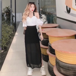 Set áo trễ vai kèm chân váy xẻ