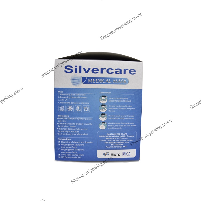 Khẩu Trang Y Tế Sliver Care 4 Lớp, Kháng Khuẩn, Công ty Nano Care - Hộp 50 Chiếc