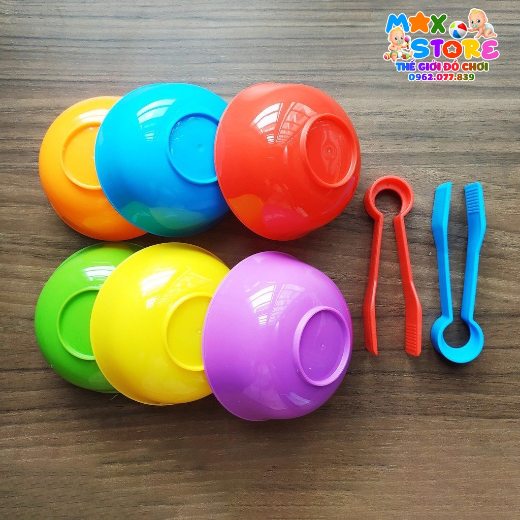 SET 6 BÁT + 2 KẸP PHÂN LOẠI MÀU SẮC TẬP GẮP HẠT POMPOM  HẠT NHỰA