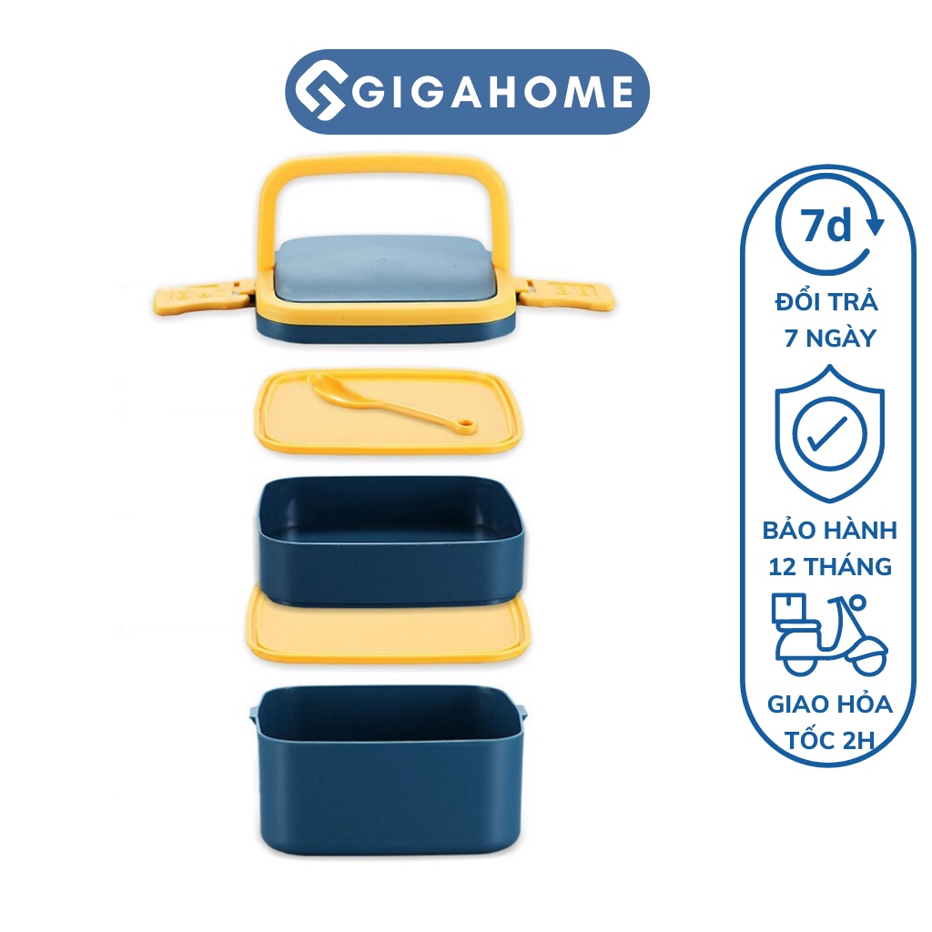 Hộp Đựng Cơm Văn Phòng Giữ Nhiệt 1000ml 2 Tầng Kèm Thìa Có Quai Xách GIGAHOME 10047