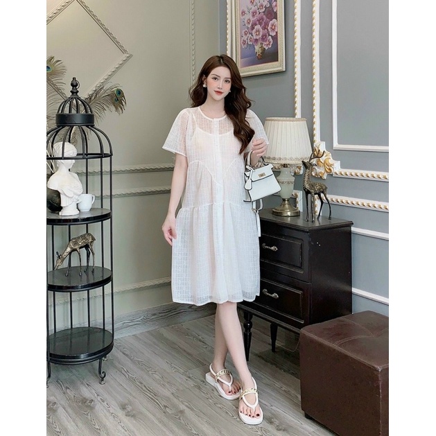 Đầm bầu dáng babydoll chất đũi tơ, Váy bầu xinh