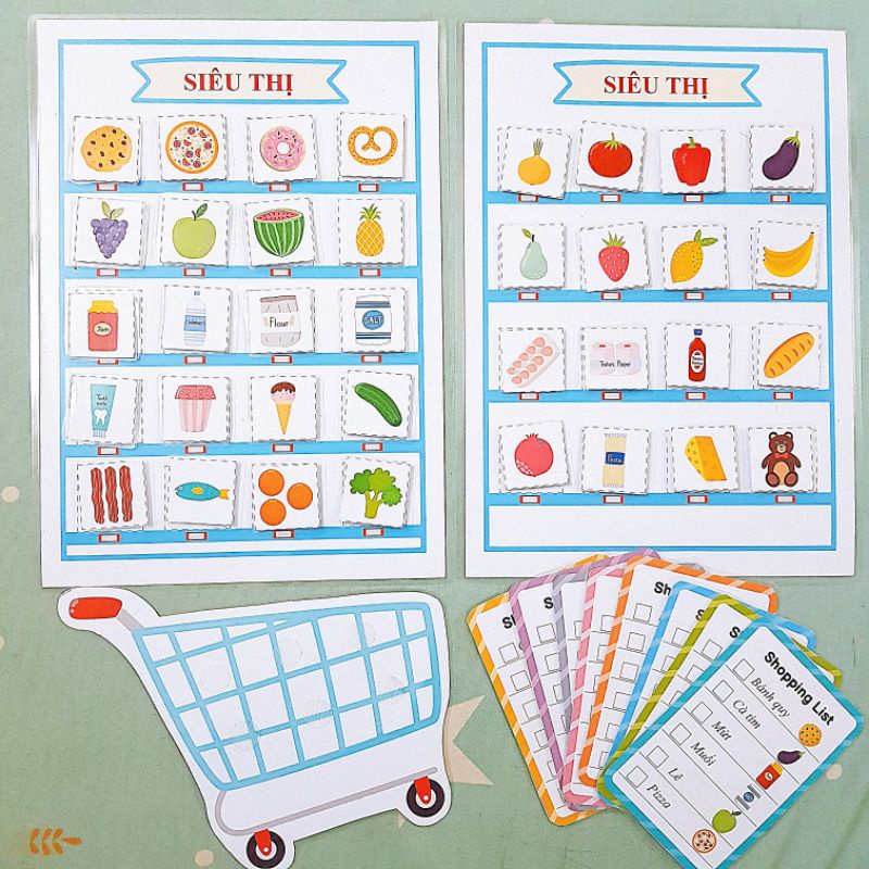 Học liệu bóc dán Bé đi chợ – Shopping Game – Học liệu Montessori cho bé