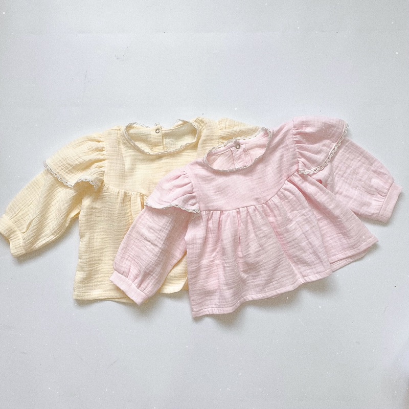 [Hàng Thiết Kế] Áo Muslin Dài Tay Viền Ren Vintage - Áo Dài Tay Chất Xô Mềm Mại Style Hàn Quốc Cho Bé Gái