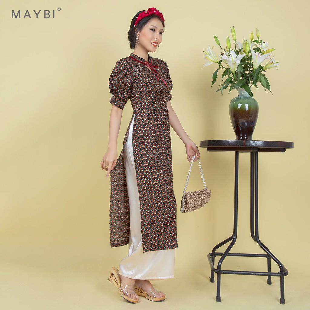 Áo dài Maybi hoạ tiết nền đen phối nơ cổ