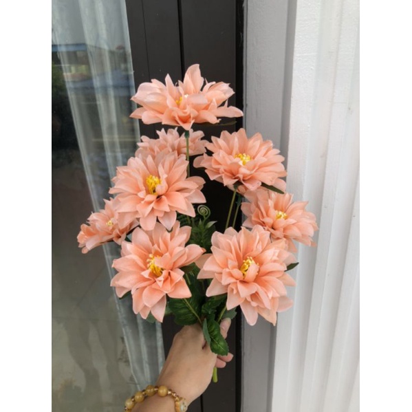 Cụm Hoa Thược Dược 9 bông Size 8cm_ Hoa Lụa Cao Cấp
