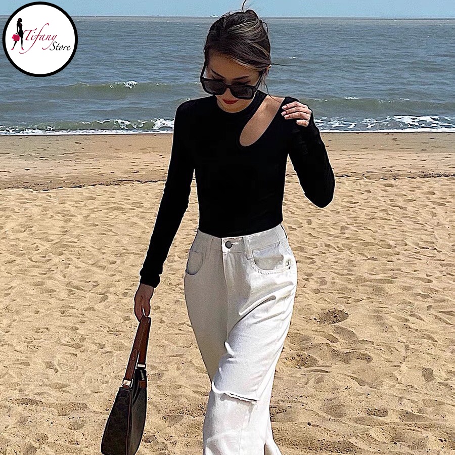 Áo Kiểu Tay Dài Lộ 1 Bên Vai Gợi Cảm Bigisze Dưới 80Kg Dáng Croptop Chất Thun Co Giản “KHOÉT TD”