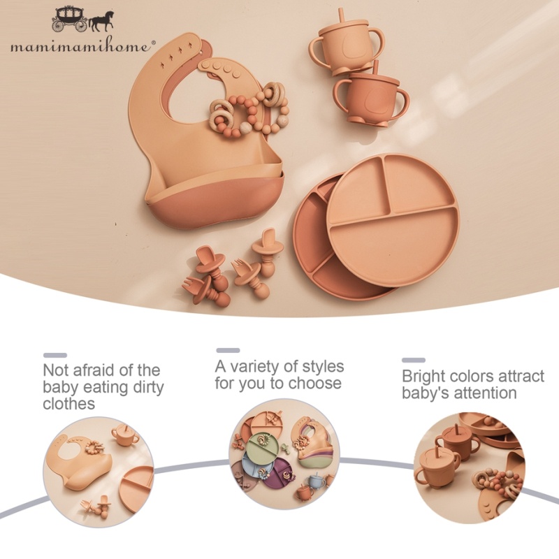 Bộ đồ ăn 5 món MAMIMAMIHOME gồm yếm/ cốc có ống hút / thìa và nĩa bằng 100% silicone mềm có cốc hút chống rơi cho trẻ em