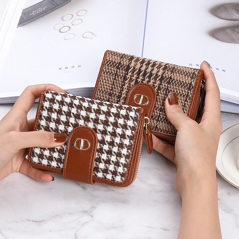Ví Vải Canvas Dáng Ngắn In Họa Tiết Houndstooth Cá Tính Cho Nữ