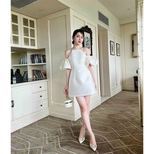 (Sale FreeShip) Đầm nữ đi tiệc,thiết kế khoét vai cột yếm,dáng A xòe nhẹ dễ mặc,lên from xinh xĩu