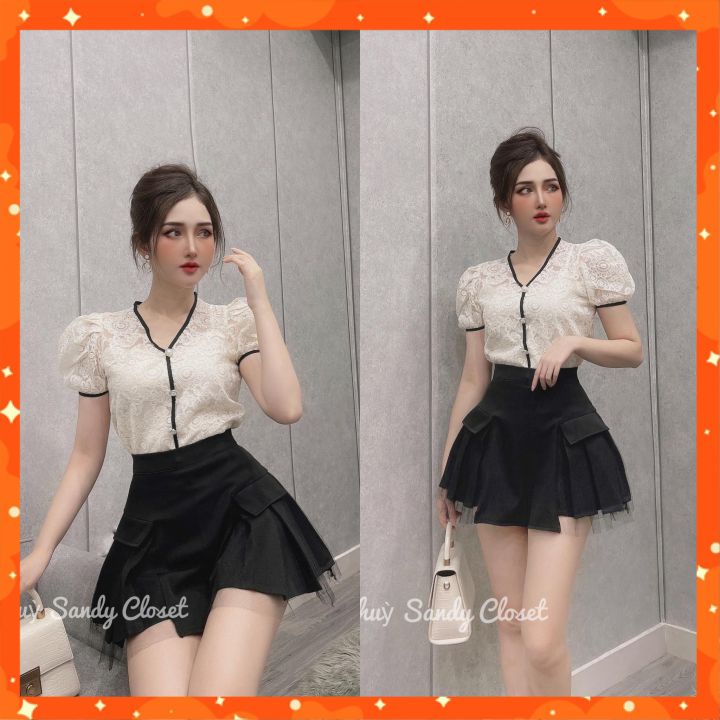 Set áo ren cúc ngọc, chân váy giả quần xoè bồng