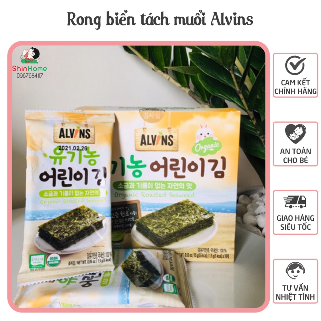 (date 10/2024) Rong biển cuộn cơm tách muối, Rong biển ăn liền cho bé Alvins