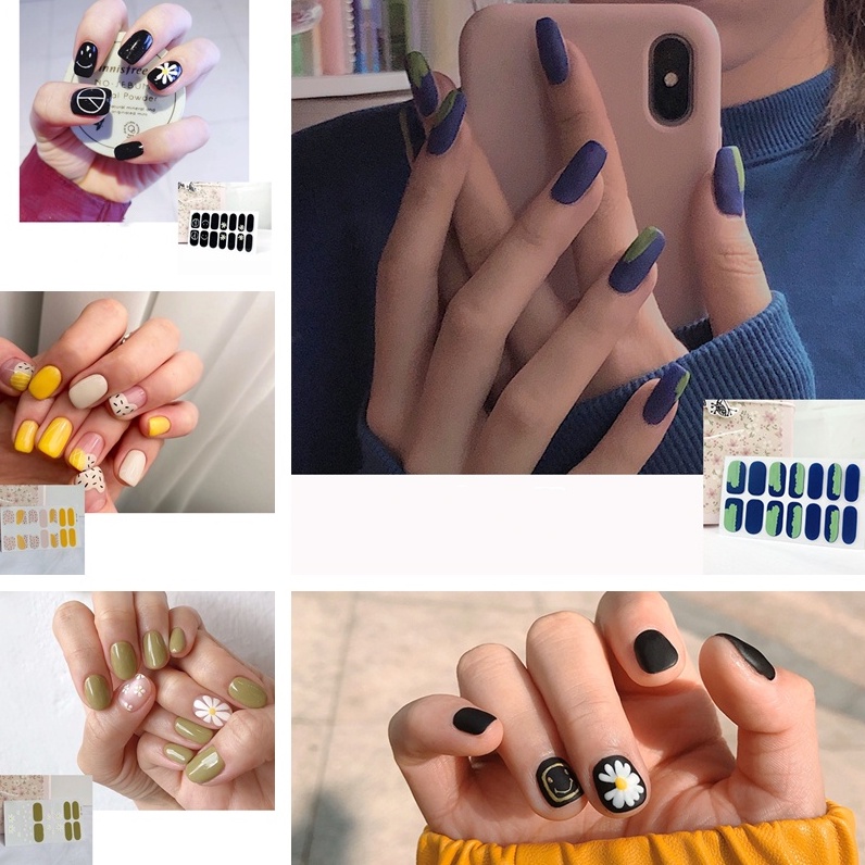 14 cái / mát trong sương giá thạch đậu vẽ graffiti, kẹo daisy nail nghệ thuật dán đầy đủ, thân thiện với môi trường không thấm nước và dán móng tay có thể cắt được, màu sắc đồng nhất nhảy màu theo phong cách QF