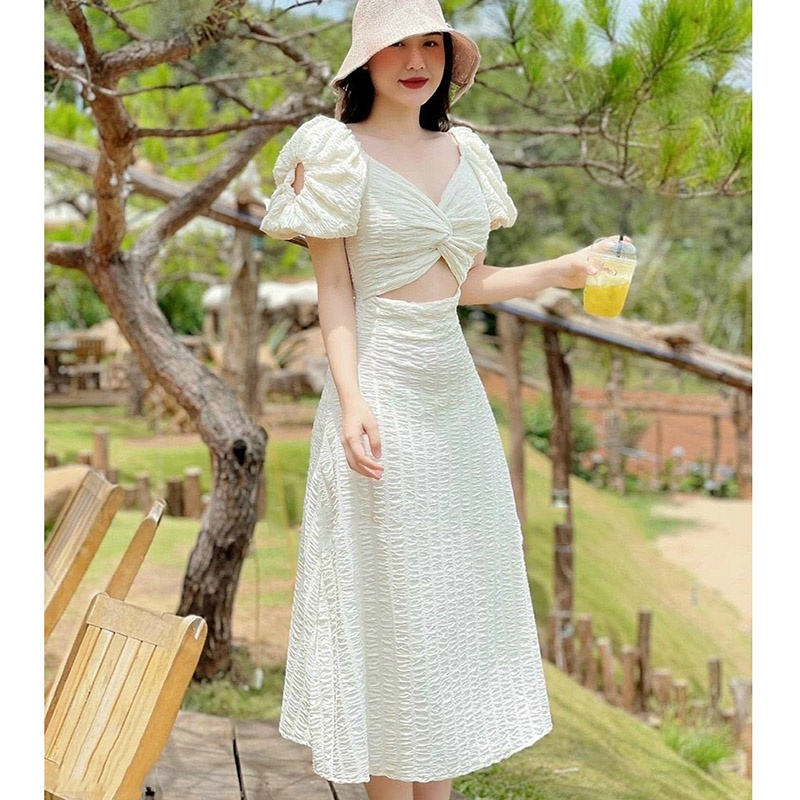 Đầm Xốp Khoét Eo Tay Bồng Dáng Maxi Hàng Quảng Châu M1349-Violet