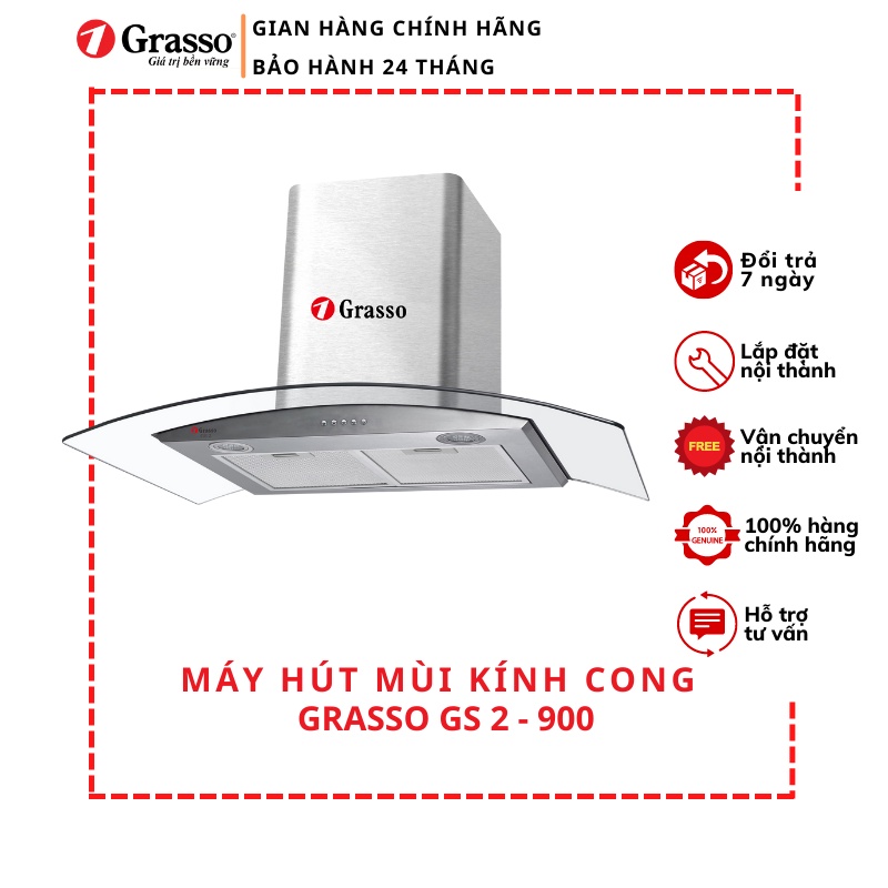 Máy hút mùi kính cong Grasso GS 2-700/900 thiết kế hiện đại