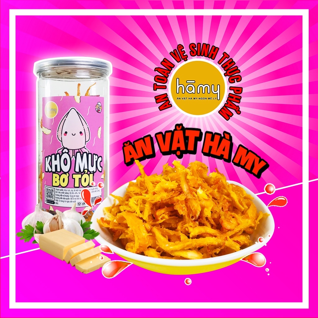 Mực sợi sốt bơ tỏi, khô mực bơ tỏi hũ 250g đồ ăn vặt Hà My