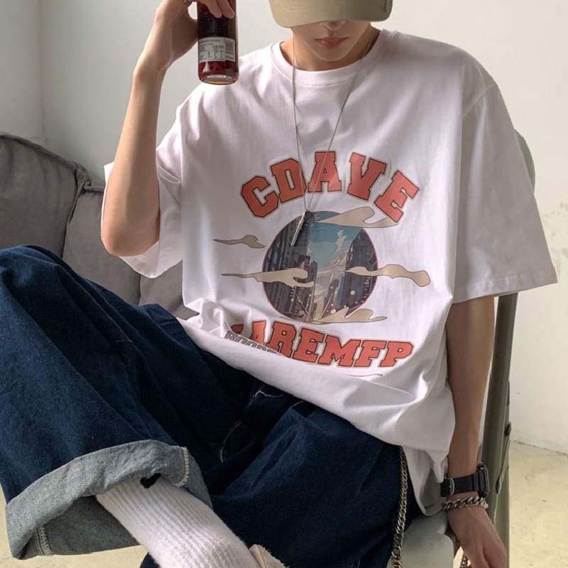 Áo thun tay ngắn cổ tròn dáng rộng in chữ phong cách đường phố Hàn Quốc cho nam size lớn S-8XL