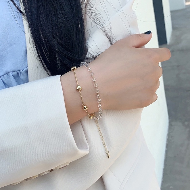 Vòng tay hai lớp đính đá pha lê hình trái tim phong cách Hàn Quốc ngọt ngào thời trang cho nữ