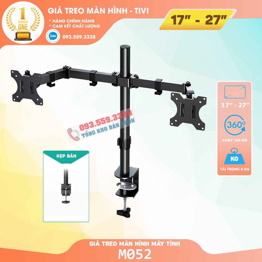 Giá Treo 2 Màn Hình M052 Cao Cấp 17 - 27 Inch / Tay Treo Hai Màn Hình Tải Trọng 8Kg - Lắp Đặt Kẹp Bàn [ Rẻ Hơn NB F160 ]