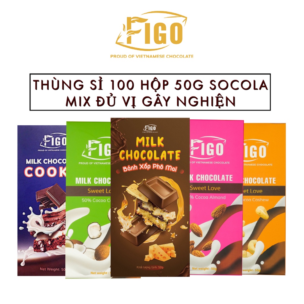 [GIÁ TIẾT KIỆM] Combo 100 hộp Kẹo socola sữa mix nhiều vị 50gram, đồ ăn vặt văn phòng FIGO