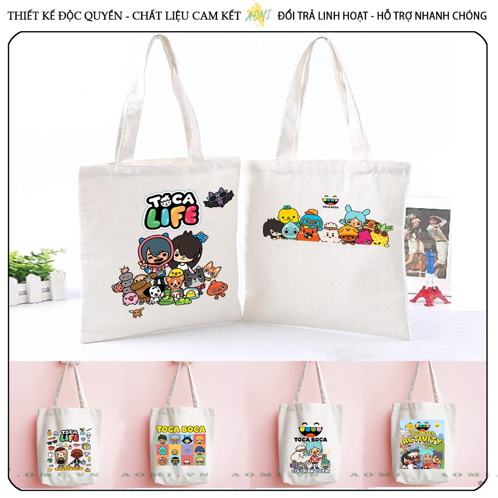 TOTE CANVAS TOCA BOCA LIFE FORM TRÒN TÚI VẢI ĐEO VAI BAG NÚT BẤM SIZE LỚN AOMIVN DU LỊCH DẠO PHỐ CÁ TÍNH