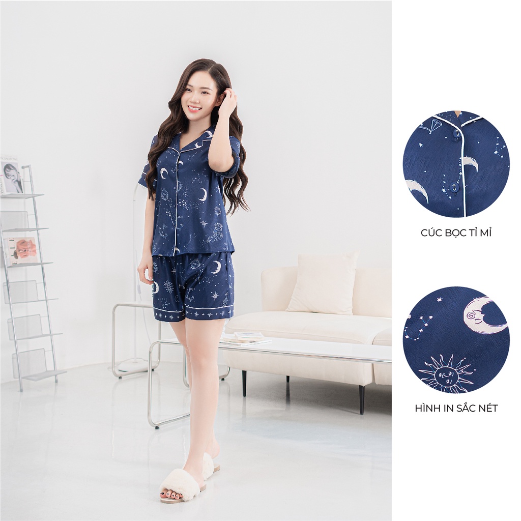 Bộ ngủ satin ZAM Luxury - CDA87 - áo ngắn tay quần đùi họa tiết