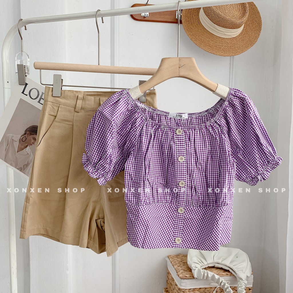 ÁO TRỄ VAI họa tiết áo bệt vai caro nhỏ nút trước XONXEN SHOP freesize mã 54