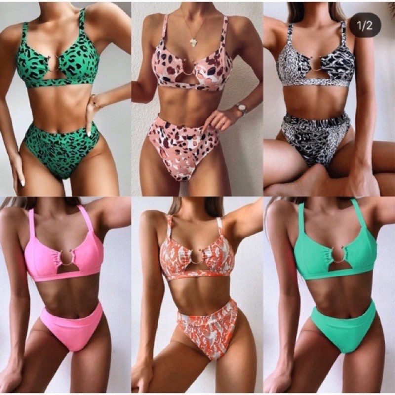 [BKN409] &lt;ÂU&gt; SET BIKINI KHUY NGỰC 5 MÀU (CẠP CAO) [XANH BEO/CAM/HỒNG/XANH MINT/ĐEN LOANG]