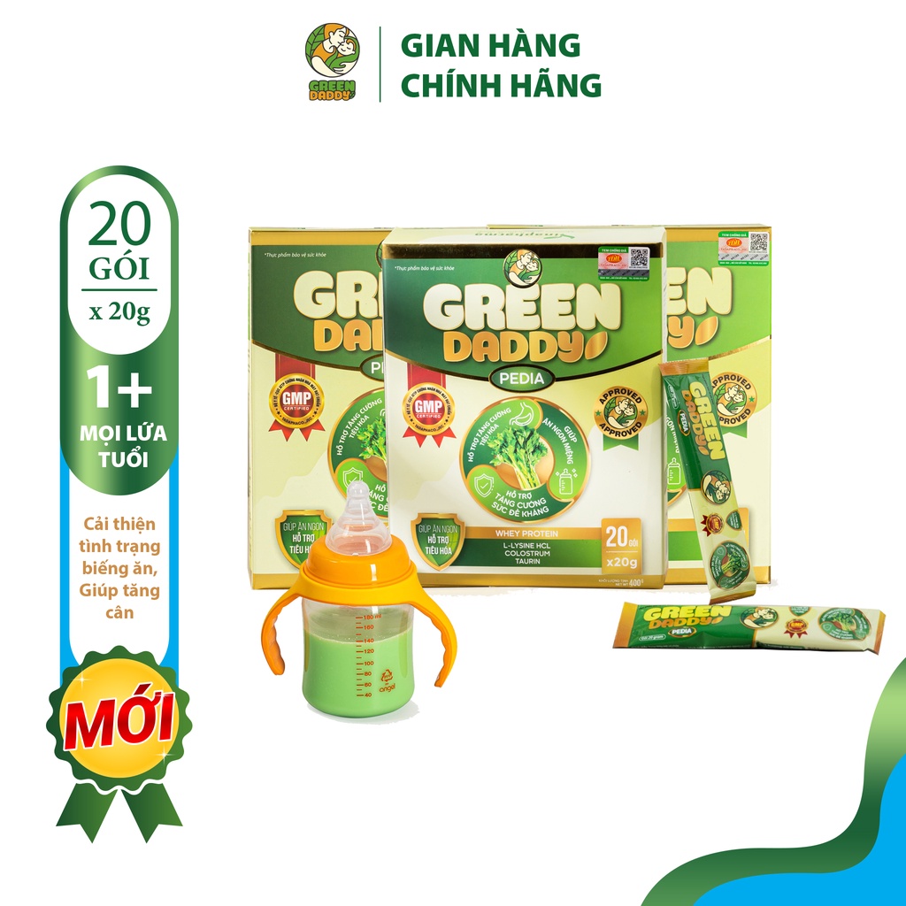 Combo 3 hộp Sữa non Green Daddy pedia bổ sung tinh chất rau củ dành cho bé biếng ăn, chậm lên cân, hộp 20 gói x 20g