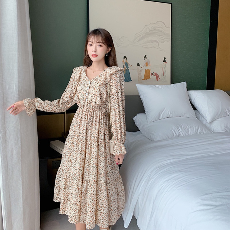 Đầm Maxi Chiffon cổ chữ V in hoa thời trang mùa thu thanh lịch