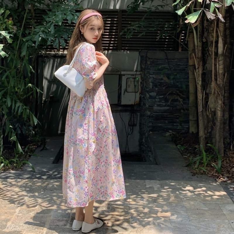 Váy babydoll hoa Marry kiểu mới dáng tiểu thư Váy hoa vintage cộc tay có thắt nơ eo