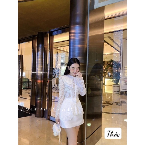 Set áo sơmi ren cổ ngọc mix chân váy A tafta