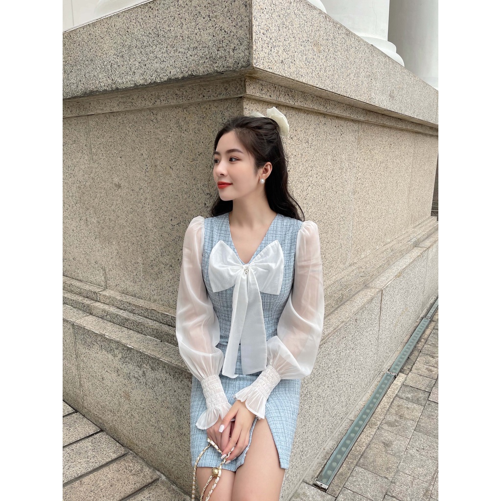 Váy dạ tweed phối voan tay dài bo chun, nơ trước ngực - M116 - Malouis