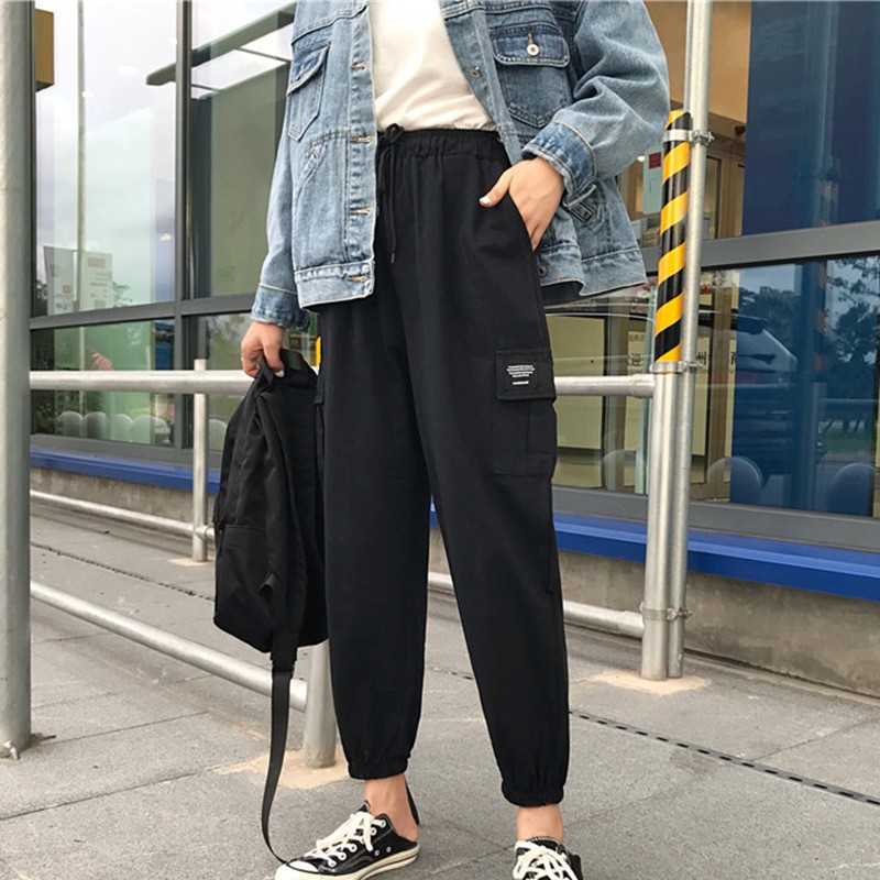 Quần dài lưng cao màu trơn phong cách Harajuku cho nam và nữ