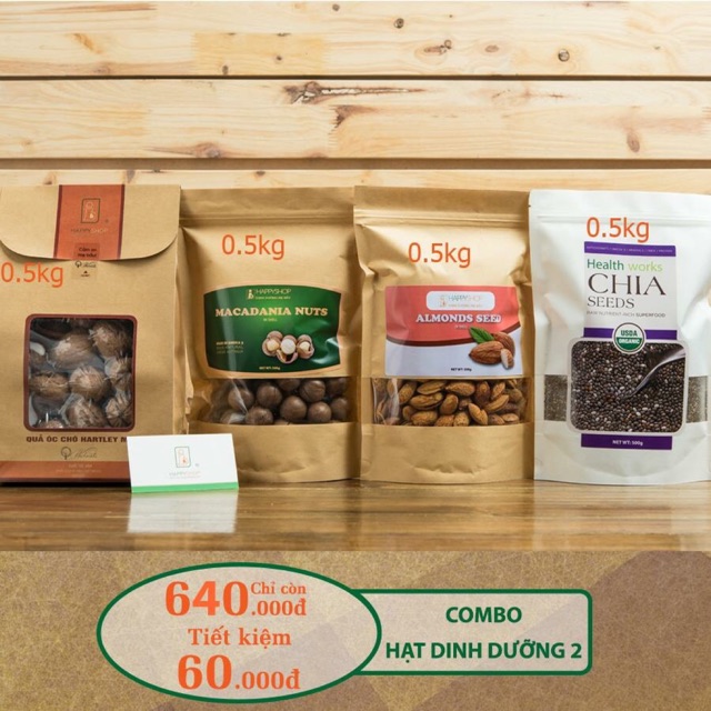 Combo 2kg gồm 4 loại hạt óc chó hartley mỹ, macca úc, hạnh nhân mỹ, hạt chia Mỹ