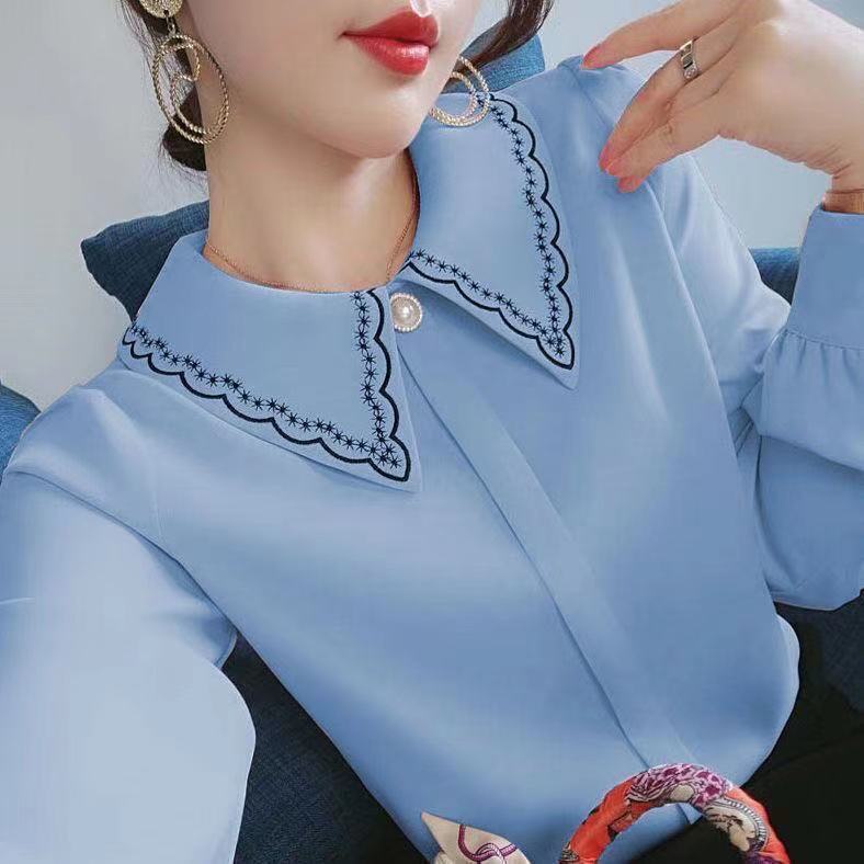 Áo sơ mi voan tay dài thêu họa tiết thời trang dành cho nữ